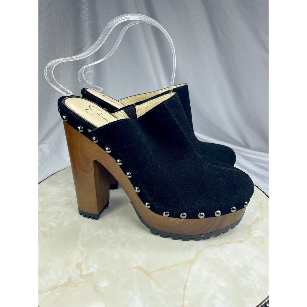Jessica Simpson Kouren Studded Platform Mules Womens 8.5 Black Suede Wood Heel